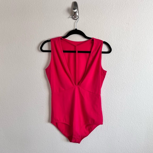 Hot Pink Harness Strappy V-Neck Tank Bodysuit - Picture 2 of 10